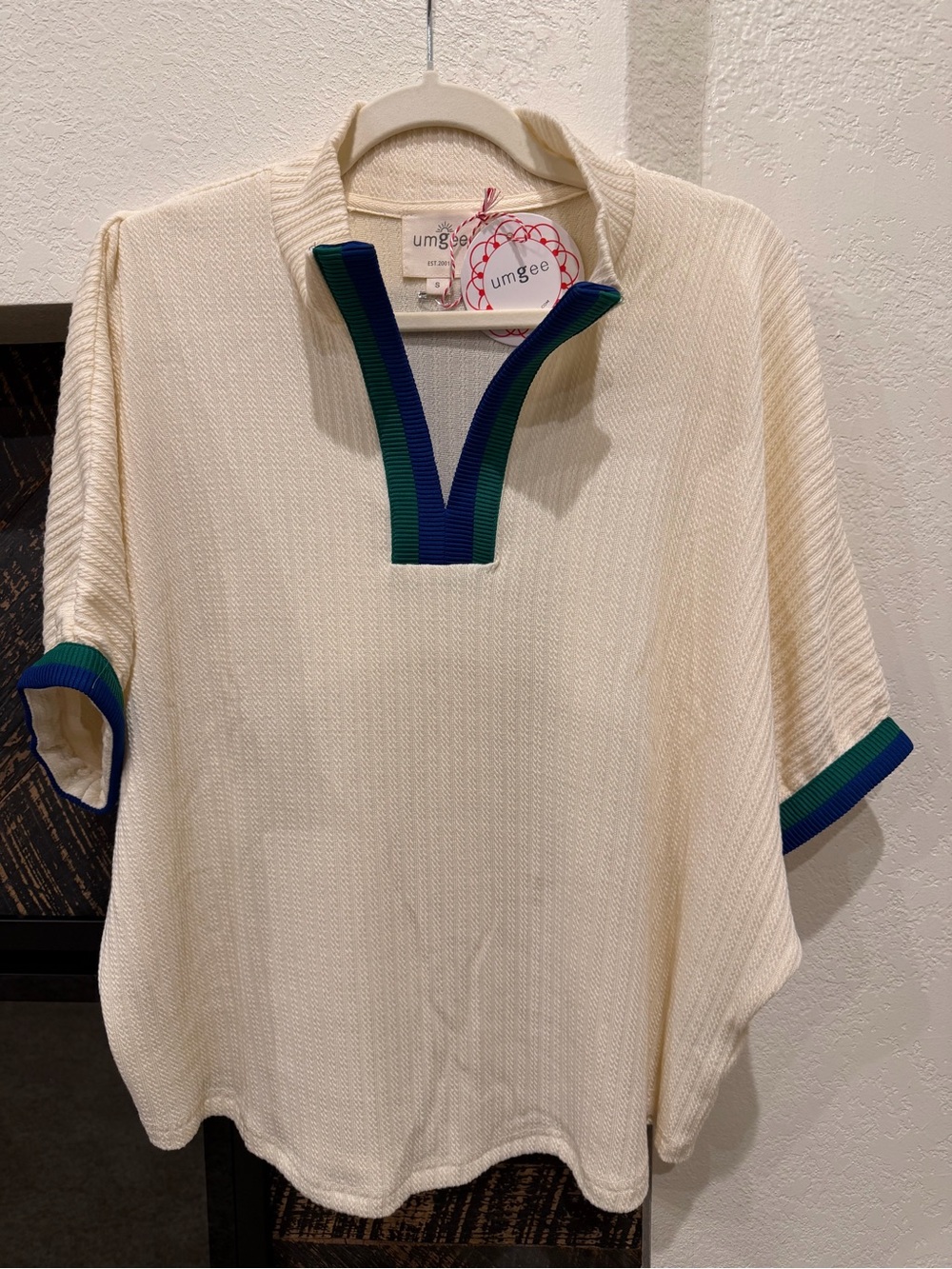 Umgee Cream Knit Short-Sleeve Half-Zip Pullover with Navy & Green Trim